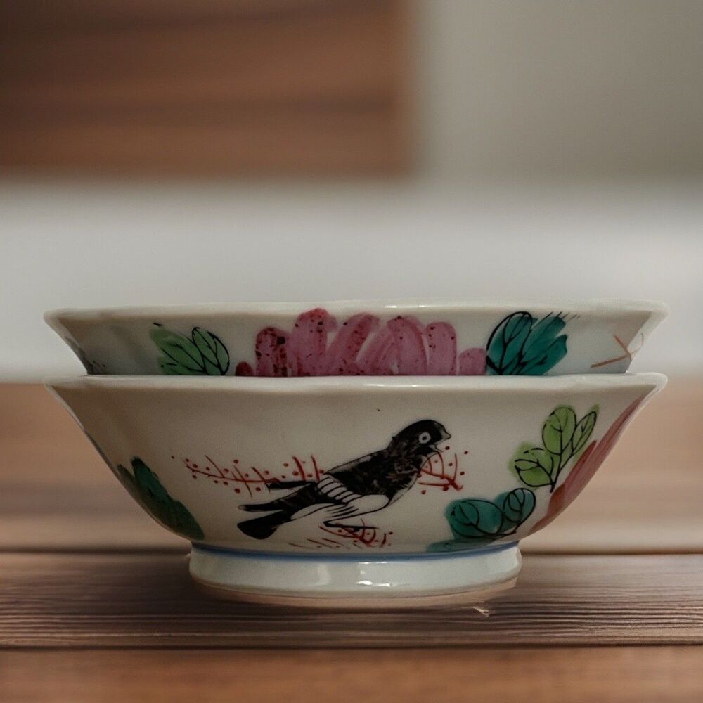 2 Vintage Japanese Porcelain Hand Painted Bowls Birds Flowers Symbols Set Of 2